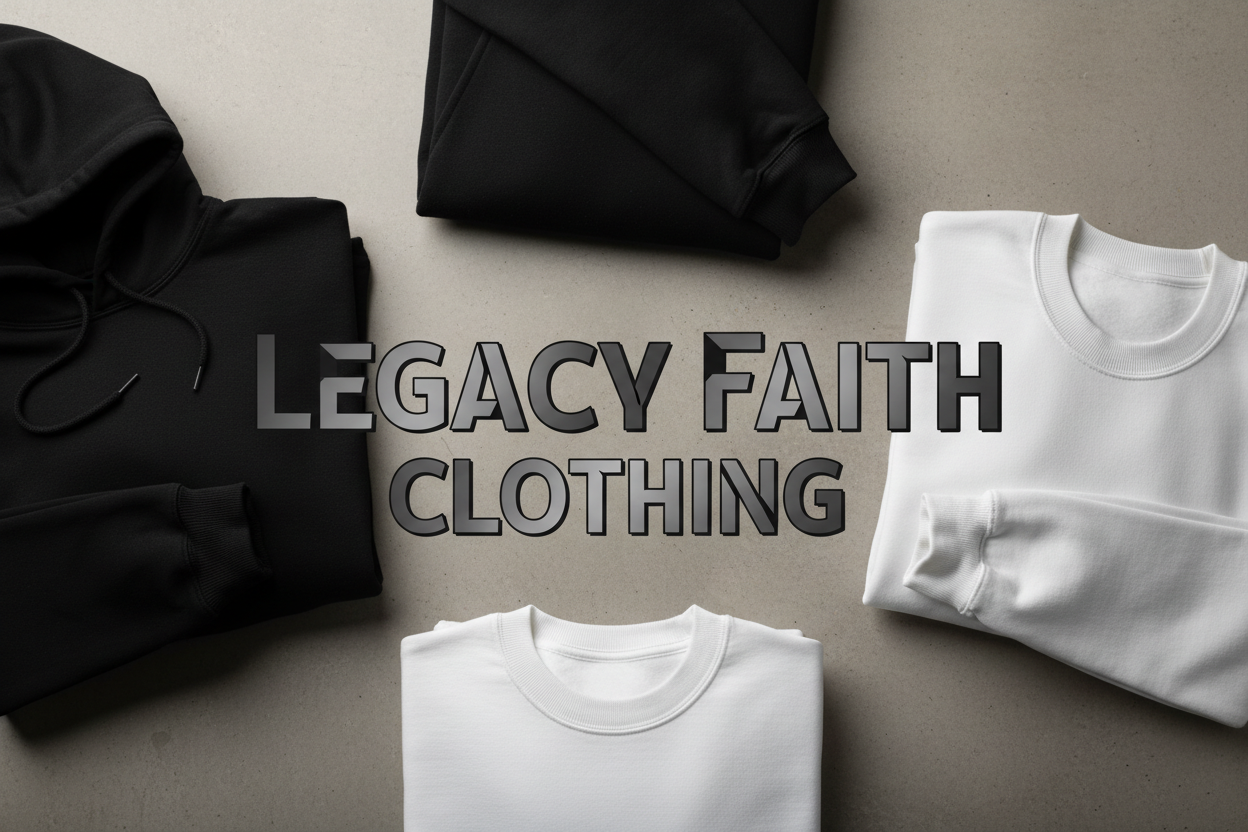 Legacy Faith Clothing In cool font surrounded by lots of black and white sweatshirts
